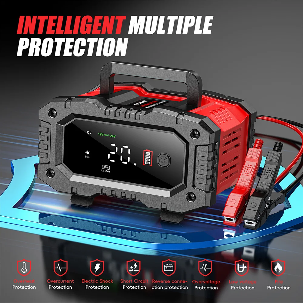 Smart Car Battery Charger 12V 24V 20A - New FOXSUR 20A/10A Car Motorcycle Battery