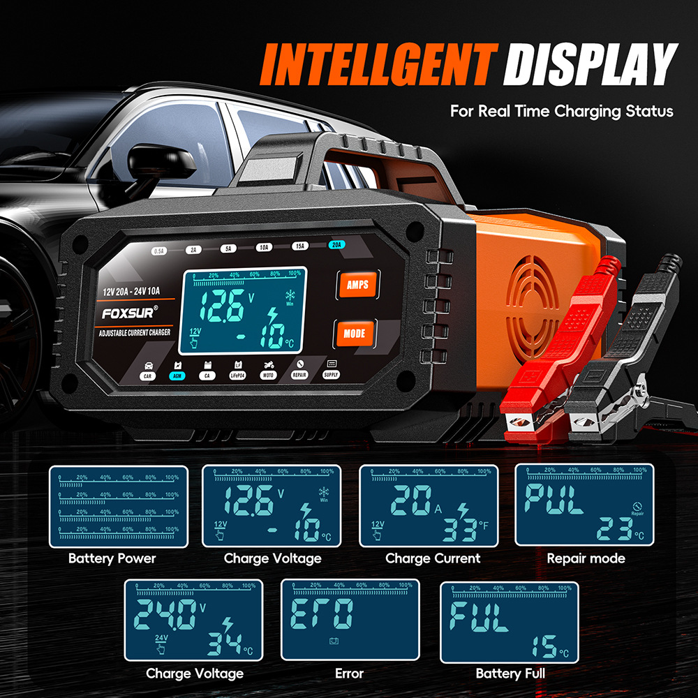 12V/24V Portabl 0.5A-20A  Car  - Smart Car Battery Charger 12V 24V 20A ulasan dan harga