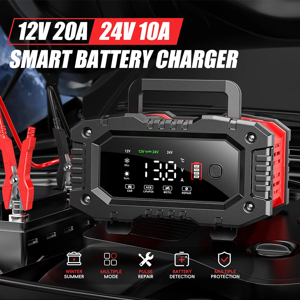 FOXSUR 20A/10A Car Motorcycle  - Smart Car Battery Charger 12V 24V 20A ulasan dan harga